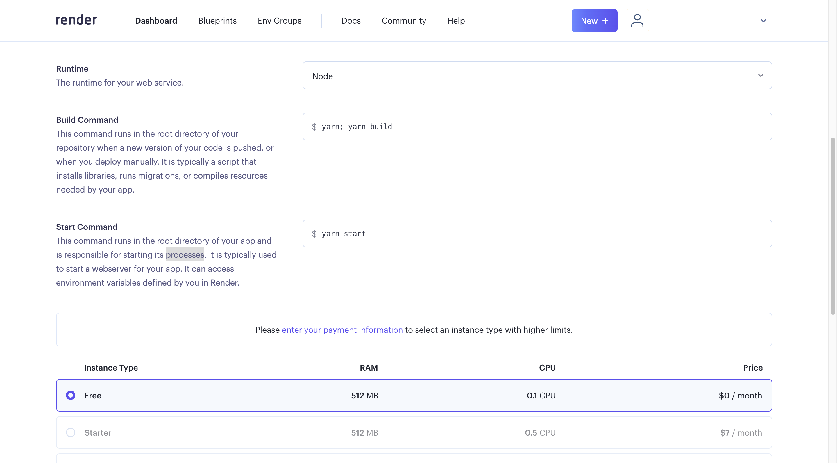 Render deployment commands and plan